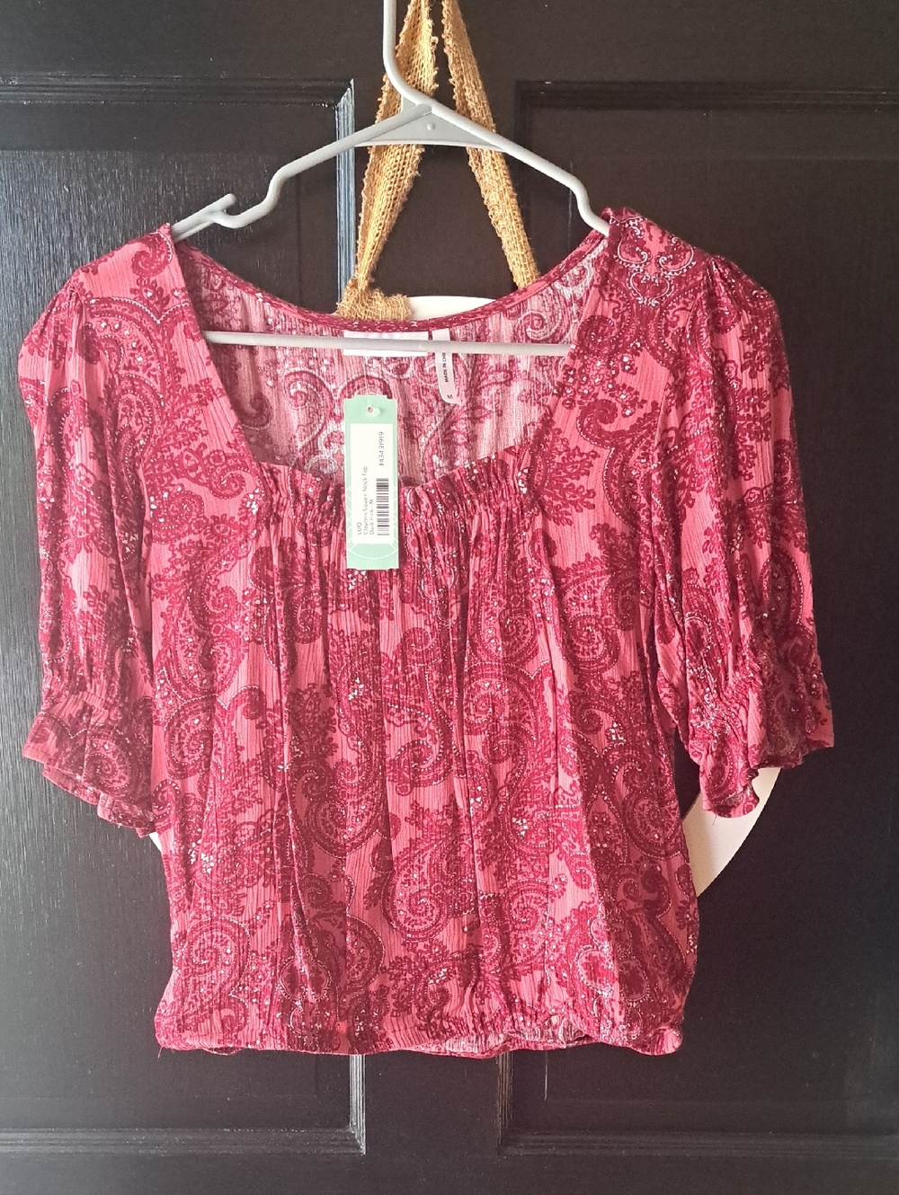 Paisley Smocked Hem Pink Blouse with Puff Sleeves